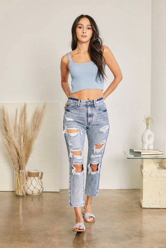 Kan Can Medium Wash Distressed Mom Jeans