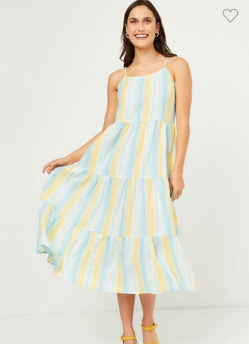 Yellow Striped Linen Midi Dress