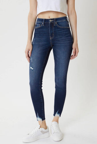 Kan Can Mid Rise Dark Raw Edge Ankle Skinny