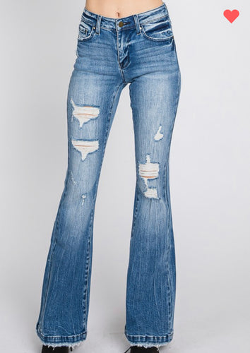 Medium Wash Distressed Flare Jeans